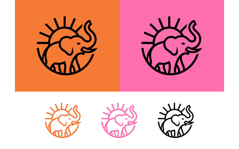 Conception de logo avec un éléphant et des rayons de soleil.