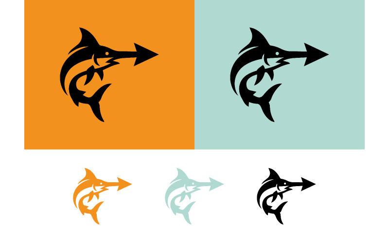 Design grafico del logo con freccia a forma di pesce marlin.