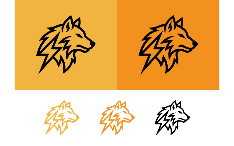 Logo con testa di lupo su sfondo arancione.