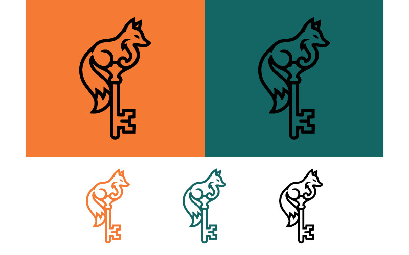 Un renard assis sur les icônes clés du logo.