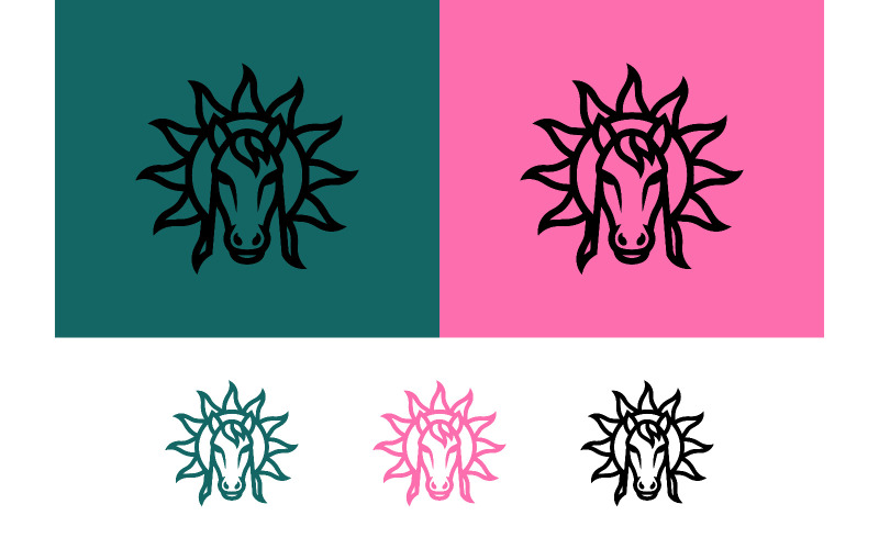 Hästhuvud solen logotyp design symbol.