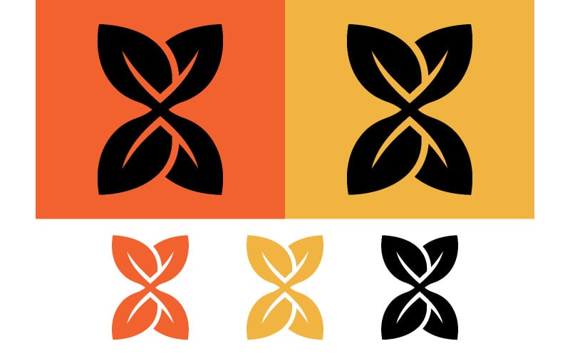 Feuilles entrelacées formant un X sur fond coloré.