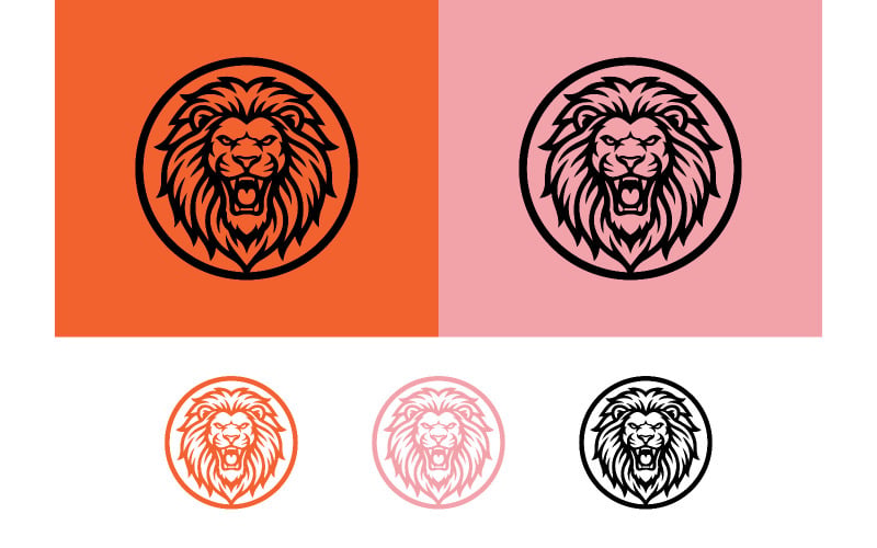 Emblème circulaire à tête de lion rugissante, design graphique.