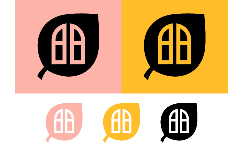 Disegni di foglie con il logo della porta in rosa e giallo.