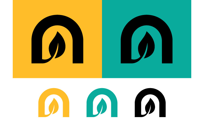 Logo ad arco con foglia verde all'interno su sfondo turchese.