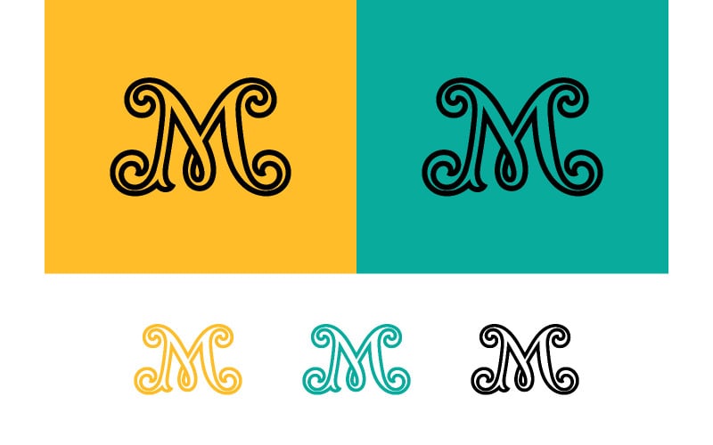 Logo, emblema e marchio con monogramma artistico a forma di lettera M.