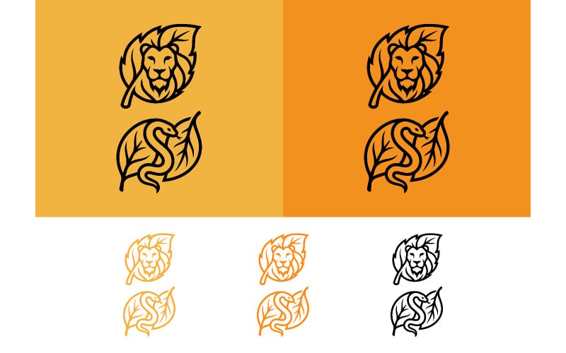 Logo-ontwerp met leeuw en slang in een blad.