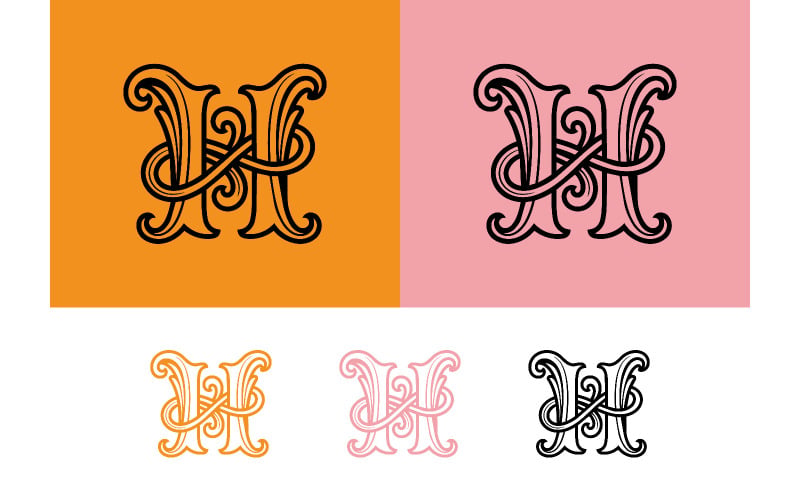 Monogramme lettre h ornée à empattements, emblème décoratif.