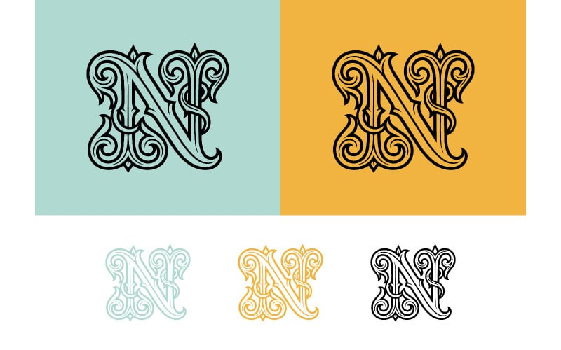 Vintage N brev utsmyckade emblem logotypdesign.