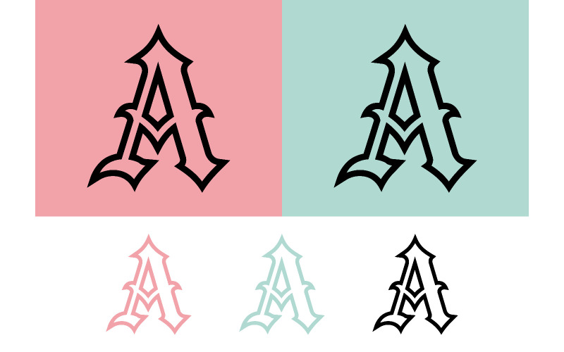 Logo con la lettera A in stile gotico, nei colori rosa e blu.