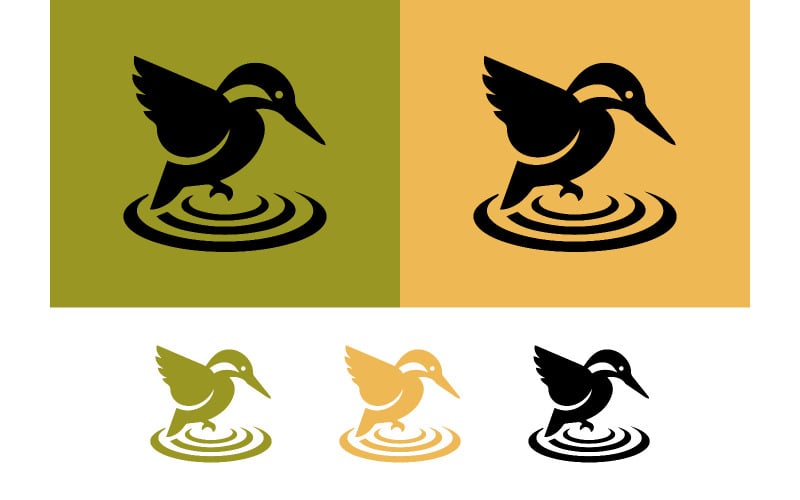 Icônes de martin-pêcheur sur l'eau en noir, vert et or.