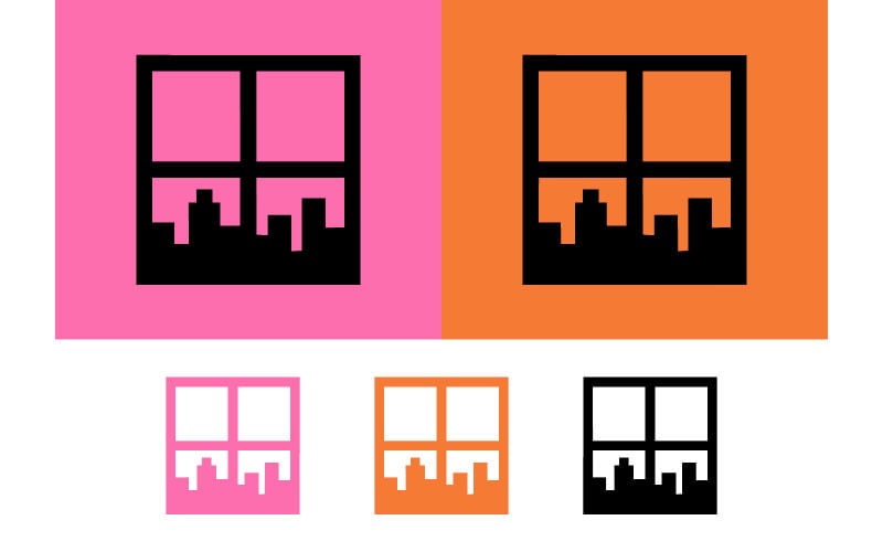 Stadssilhuettfönster i rosa och orange.