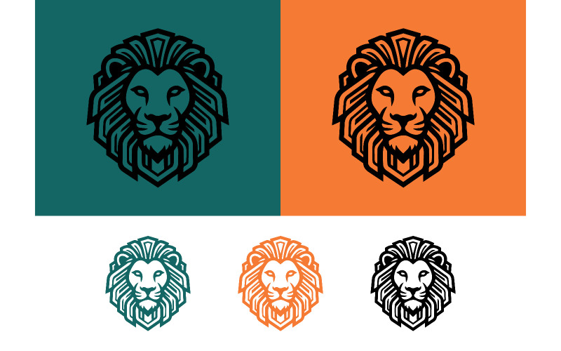 Symbole du lion, lignes géométriques, fonds vert et orange.