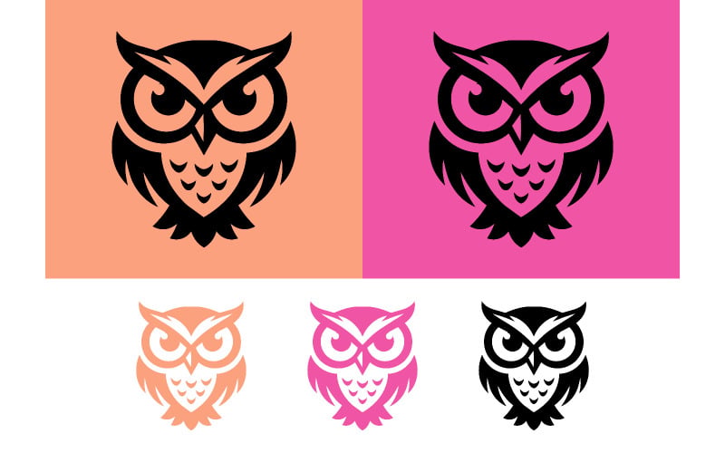 Uilenlogo in oranje, roze, zwart en wit.