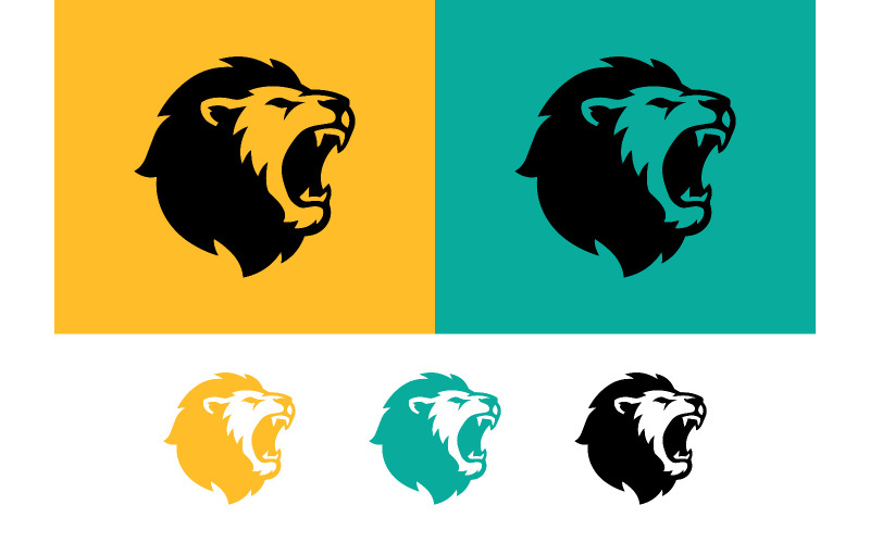 Logo graphique représentant une tête de lion rugissante sur fond coloré.