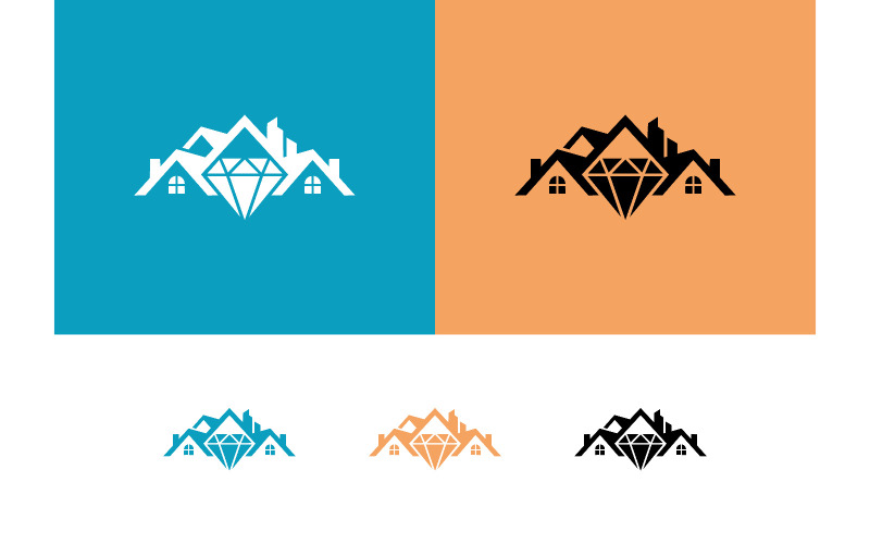 Logo Diamond Houses sur fond bleu et orange.