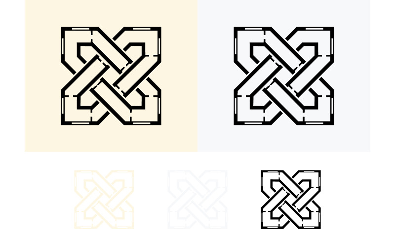 Logo met in elkaar grijpende vierkanten op een beige en grijze achtergrond.