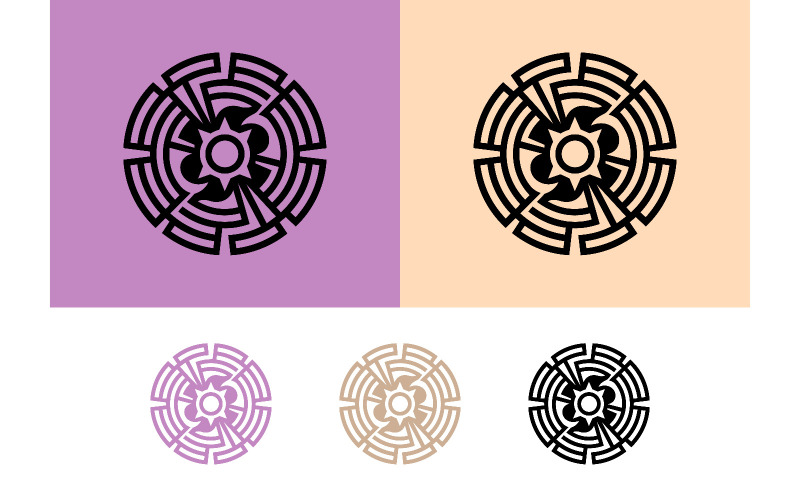 Cirkulär labyrintsymbol med sol- och naturmotiv.