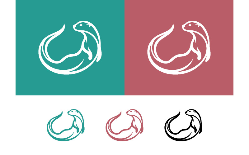 Artistiek otterlogo op een turquoise en roze achtergrond.
