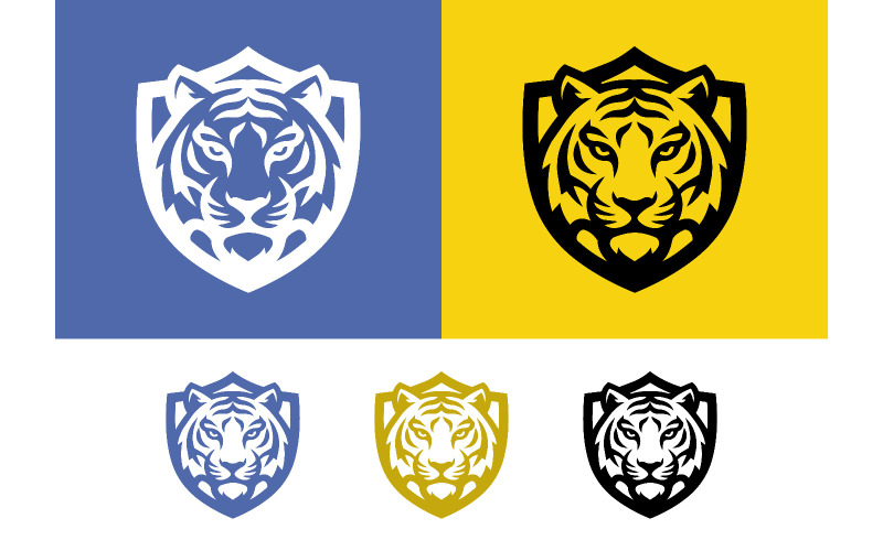 Logo con emblema a forma di scudo con volto di tigre.