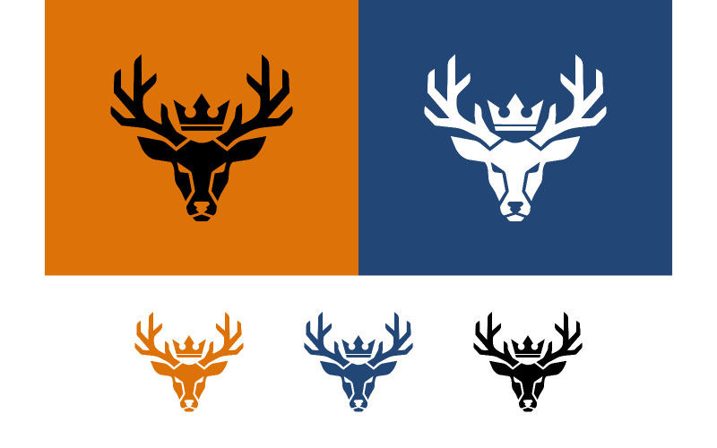 Logo tête de cerf avec couronne sur fond orange.