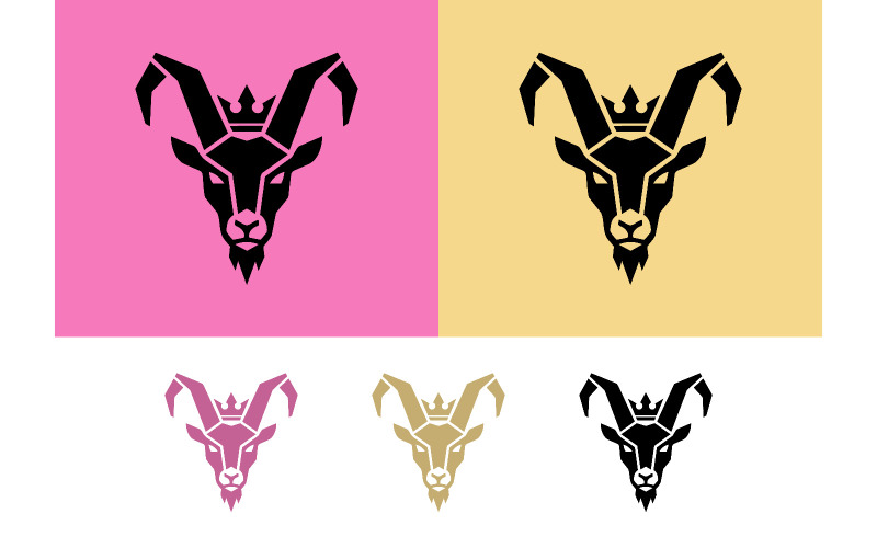 Logo con testa di capra e corona su sfondo rosa.