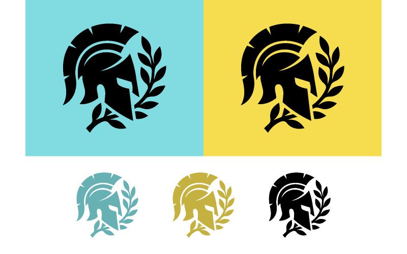 Casque spartiate orné de lauriers, symbole de victoire.