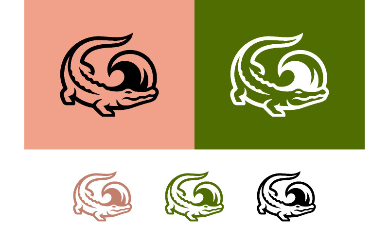 Dynamiczne, stylizowane logo z zakrzywionym aligatorem i krokodylem.