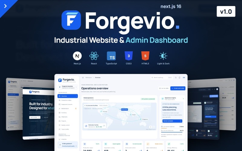 Forgevio – Endüstriyel Web Sitesi ve Operasyon Kontrol Paneli Next.js Şablonu