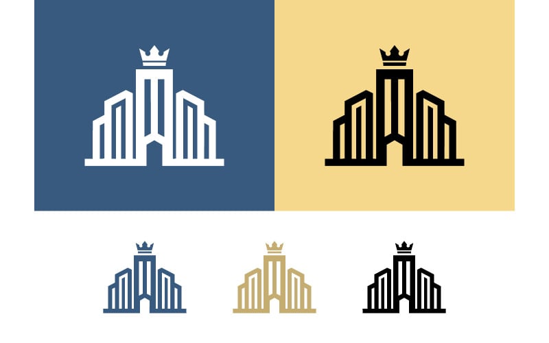 Icone di edifici moderni, re corona blu oro.