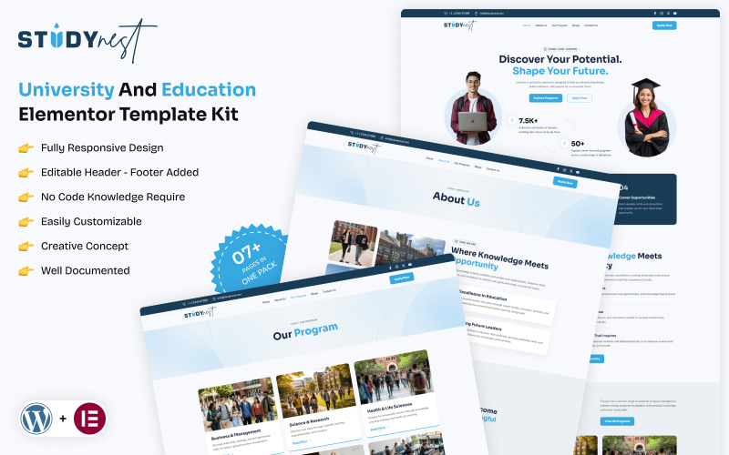 Study Nest – Kit de plantillas Elementor para universidades y educación