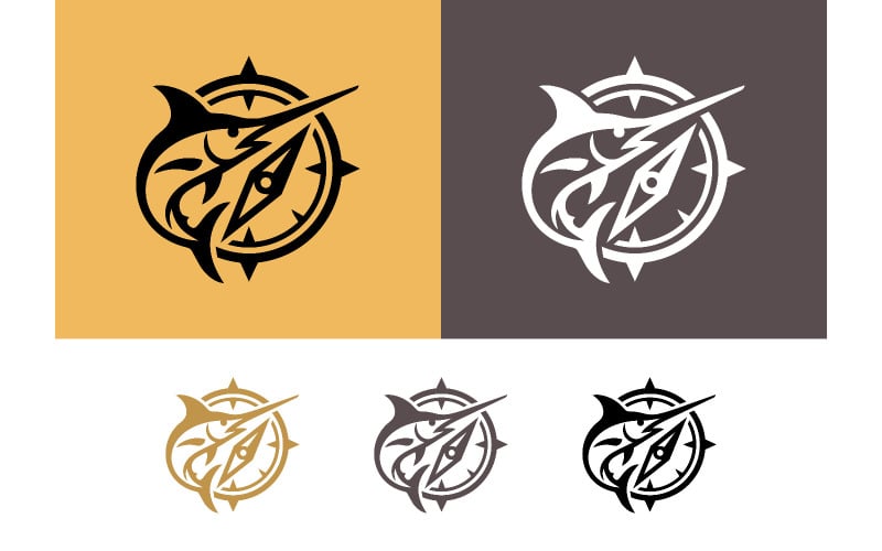 Logo-ontwerp met kompas in de vorm van een marlijn.