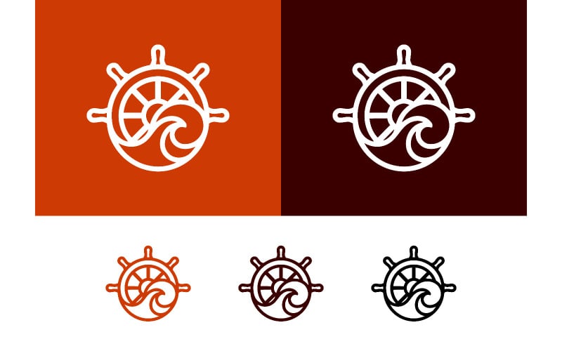Conception de logo représentant un gouvernail nautique et une vague.