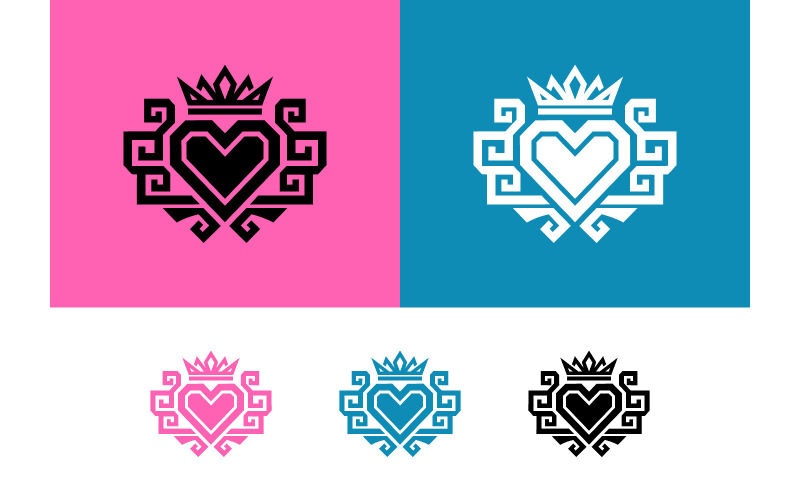 Emblema a forma di corona con cuore su sfondo rosa e blu.