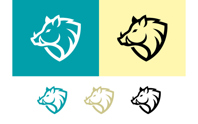 Logo met afbeelding van een wildzwijnkop in blauw en geel.