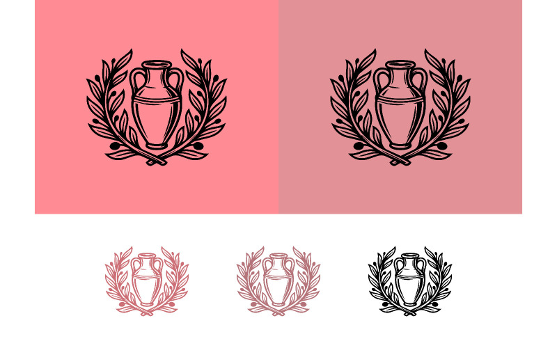 Vase amphore, branches de laurier, rose, noir, blanc.