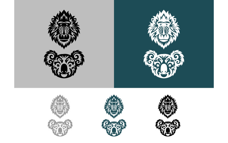 Logo emblème tribal représentant des visages de babouins et de koalas.