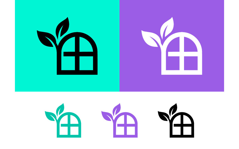 Logo con finestra e foglie per un design d'interni ispirato alla natura.