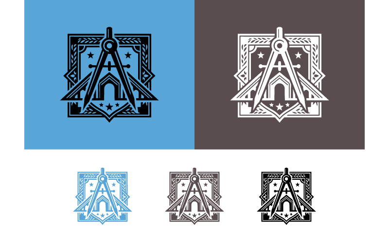 Emblème maçonnique de boussole avec motif d'arche architecturale.