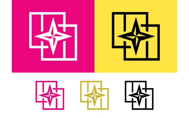 Logo boussole étoile carrés géométriques rose jaune.