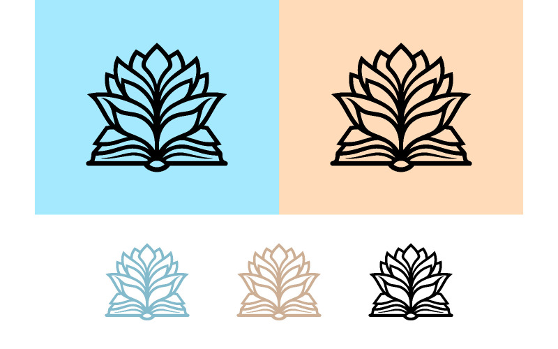 Открытая книга с цветком лотоса, символ знания, иконка мудрости.