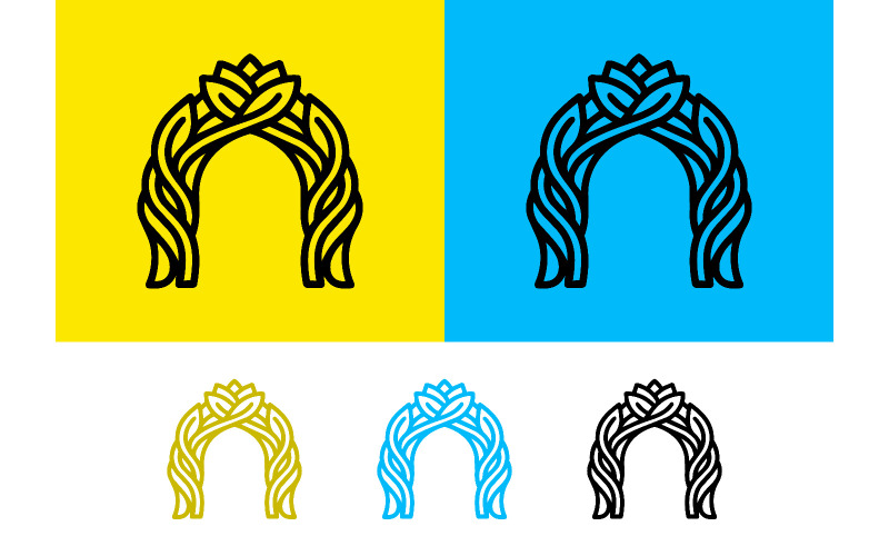 Logo en forme d'arche florale jaune et bleue.