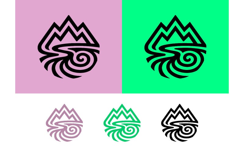 Berg- en rivierlogo op een groene achtergrond.
