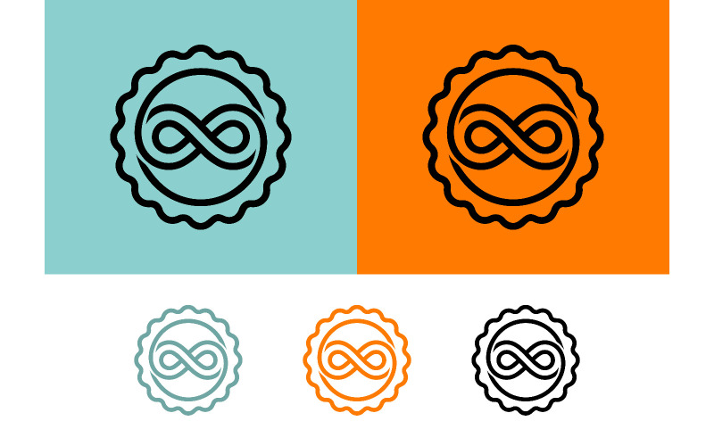 Symbole de l'infini à l'intérieur d'un logo en cercle festonné.