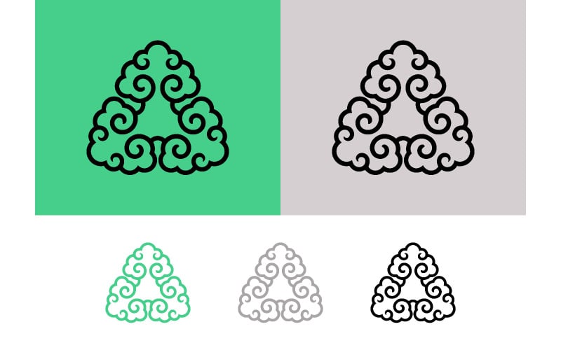Driehoekig embleem met wolkenmotief op een gekleurde achtergrond.