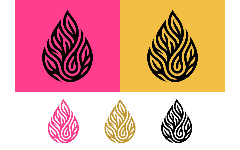 Logo con design a goccia e fiamma, natura organica.