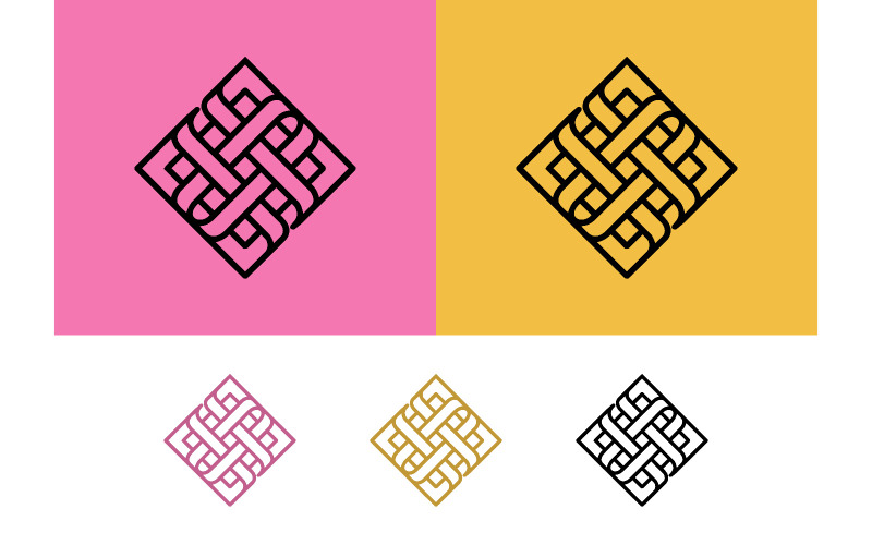 Logo abstrait en forme de nœud sur fond rose.