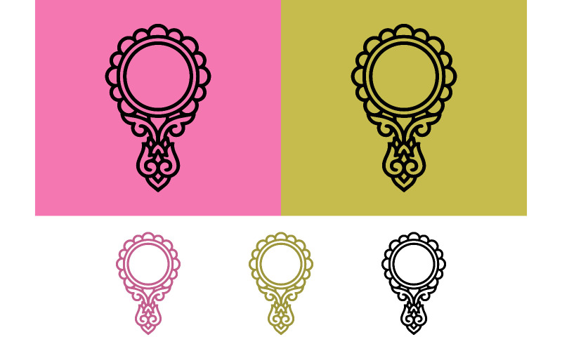Logo décoratif en forme de miroir sur fond rose.
