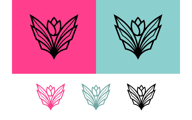 Logo géométrique en forme de tulipe rose et turquoise.