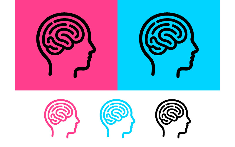 Pictogram van een menselijk hoofd met een doolhofmotief in roze, blauw en wit.